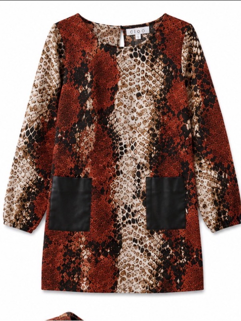 Rust & Beige Snake Print Tunic with Black faux Pockets